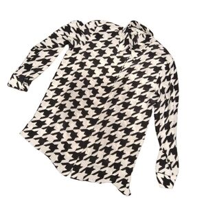 Tango 100% Silk Houndstooth Blouse Black Ivory Long Sleeve Top. Sz L